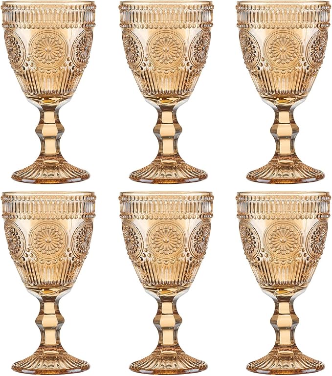 Vintage Wine Glasses Set of 6, 10 Ounces Colored Glass Water Goblets, Unique Flower Embossed Pattern High Clear Stemmed Glassware Wedding Party Bar Glass Drinking Cups Flower Amber Fancy Glasses