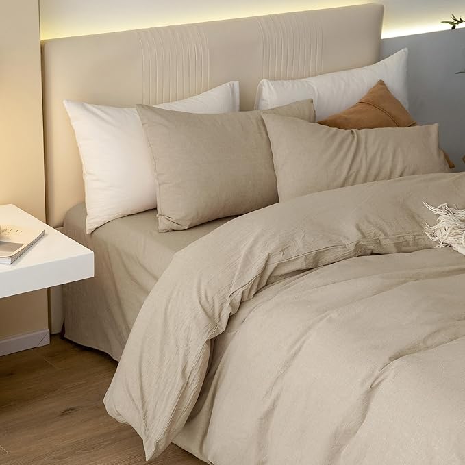 JIYUAN 100% Washed Cotton Duvet Cover Set 3 Pieces Oversized Queen, 1 Duvet Cover 98x98 Inches(Comforter Not Included) and 2 Pillowcases,Linen Feel Bedding Set Comfy and Breathable, Heathered Tan