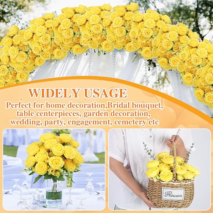 8 Pack Yellow Peonies Artificial Flowers, Fake Silk Hydrangea Bouquet for Bridal Wedding Home Table Decor Reusable Dining Opening Ceremony Birthday Arrangement Faux Floral