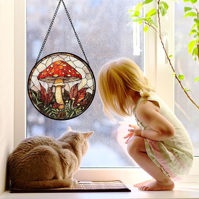 Stained Glass Window Hanging, Big Red Mushroom Suncatcher for Doors Home Sun Catchers Decoration and Christmas, Mother's Day Birthday Gifts for Women, Men, and Mom 7.8 in