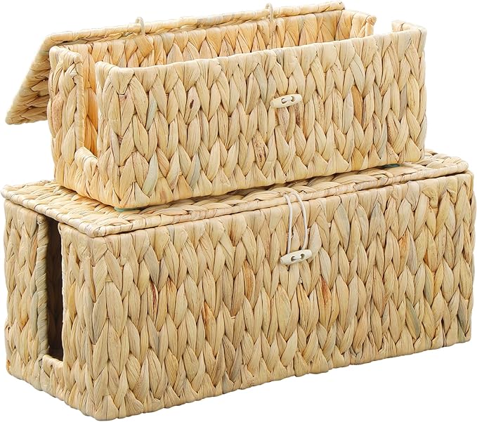 Cable Management Box,Hand-Woven Water Hyacinth Decorative Cord Organizer,2 Side Open Slots Wicker Cable Box to Hide Cords and Power Strip,for Desk, Floor, Office,2 Pack