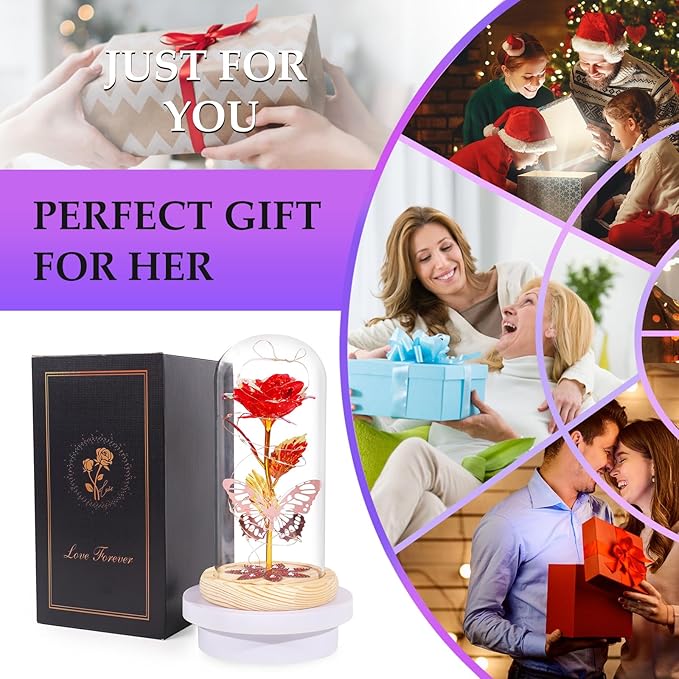 Beferr Christmas Birthday Gifts for Women, Mom Gifts for Christmas Galaxy Glass Rose Forever Preserved Flowers for Delivery Prime Rose in Glass Dome Xmas Gifts for Grandma Wife Sister Her, Red