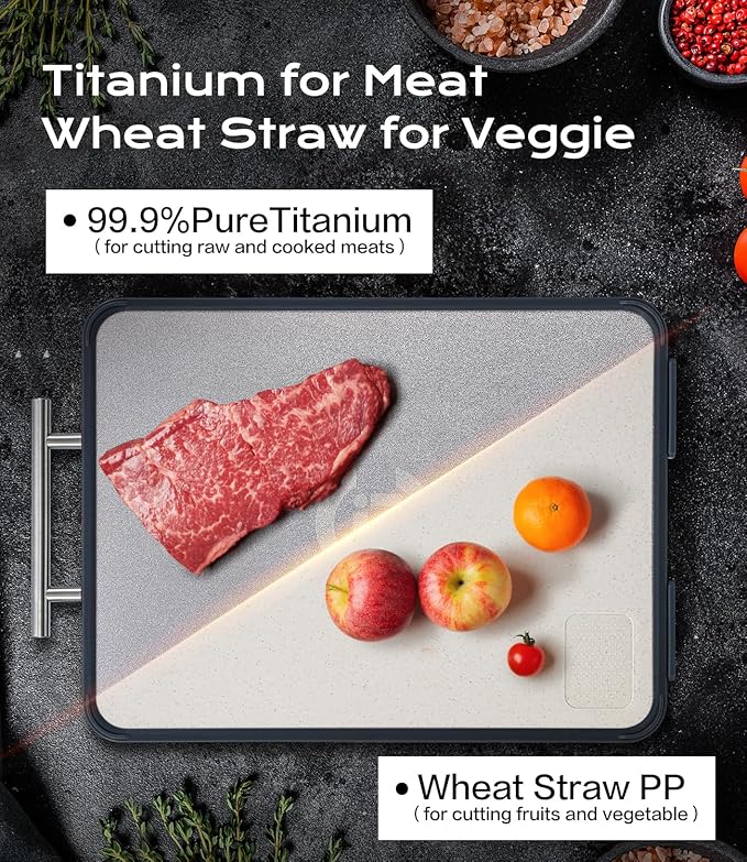 Titanium Cutting Board for Kitchen- Non Toxic Cutting Boards with Double Sided, Textured Food-Grade Pure Titanium Side for Chopping Meat, PP Side for Vegetables, Easy to Clean(14.5”×11”, 1 PC)