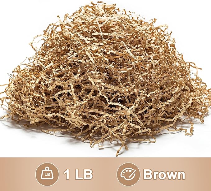 Wowxyz 1 LB Crinkle Cut Paper Shred Brown Crinkle Shredded Paper for Gift Baskets - Gift Box Bag Filler - Kraft Confetti Stuffing for Birthday, Holiday Present Packaging Wrapping
