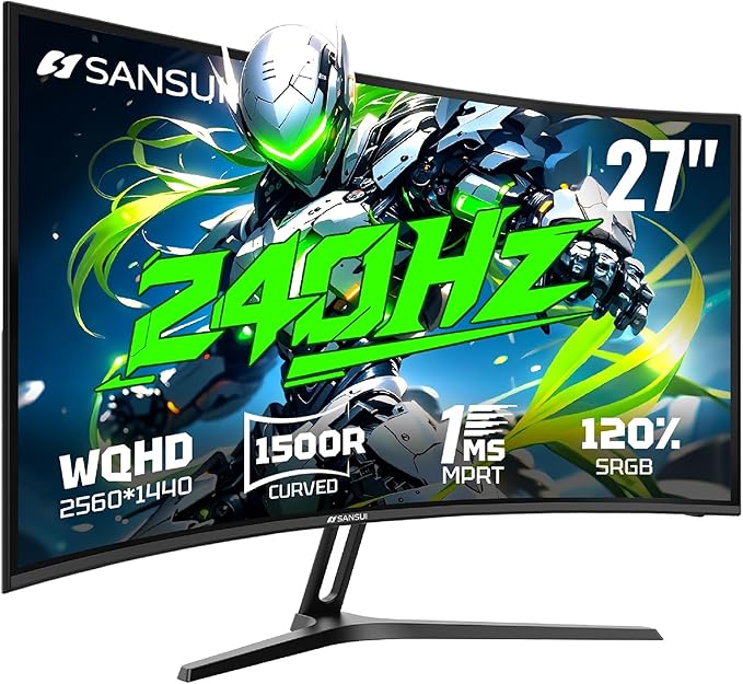 SANSUI 27 Inch Curved Gaming Monitor 240Hz, 2K WQHD 1500R Curved Computer Monitor, 120% sRGB, MPRT 1ms, Freesync, HDR, VESA(100 * 100mm),HDMI*2, DP1.4 * 2(DP Cable Included)