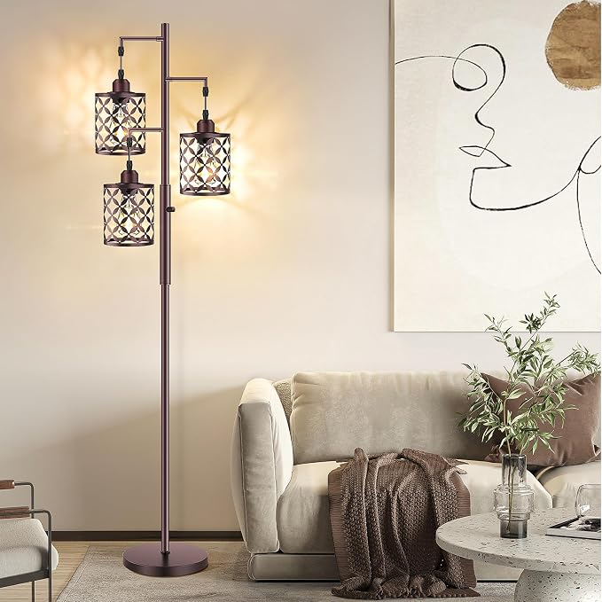 Dimmable Floor Lamp, Farmhouse Standing Lamp with Elegant Metal Cage, Industrial Tall Tree Floor Lamps for Living Room, Bedroom, Study Room, Office, 2000LM LED Bulbs Included - 68", Brown