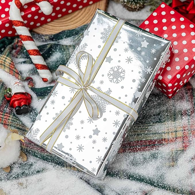 MAYPLUSS Christmas Wrapping Paper Roll - 17IN X 33FT - Christmas Gift Wrapping Paper Featuring Snowflake Against Silver Reversible Polka Dot for Kids, Holiday, New Year