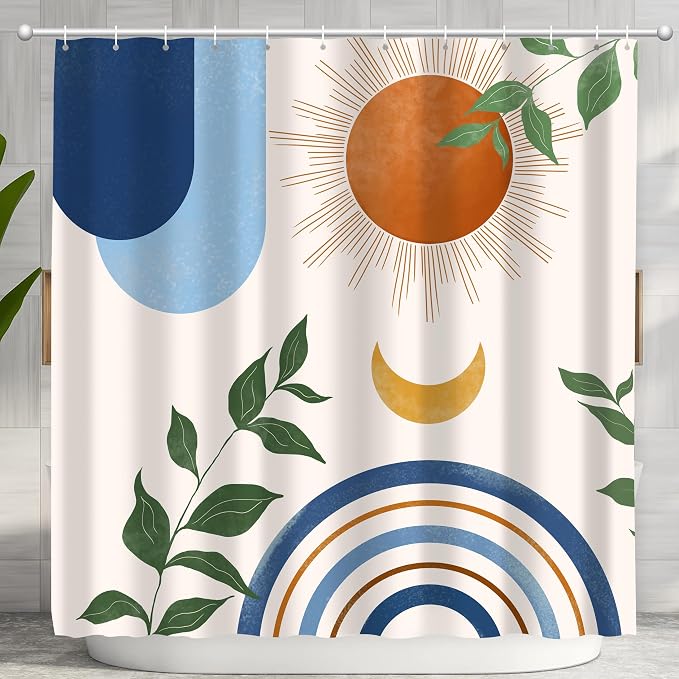 Mid Century Abstract Boho Aesthetic Shower Curtain Set, Blue Nature Leaf Sun Modern Minimalist Home Bathroom Curtain Decor with 12 Hooks 84 Inch Wide * 72 Inch High