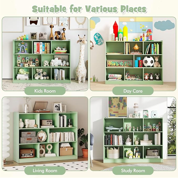 HONEY JOY Kids Toy Storage Organizer, 8-Section Storage Daycare Shelf for Preschool, Children 3-Tier Open Wooden Display Book Shelf Organizer for Classroom, Playroom & Nursery, Kindergarten (Green)