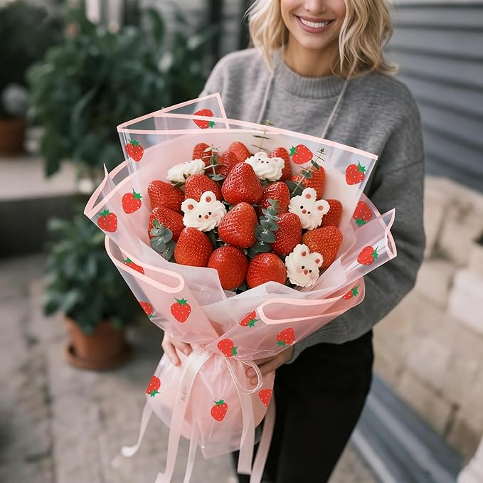 WRAPAHOLIC 20 Sheets Flower Wrapping Paper - 22.4 x 22.4 inch Pink Strawberry Water-Resistant Floral Bouquet Wrapping Paper, Florist Supplies Packaging for Graduation Ceremony Gift DIY