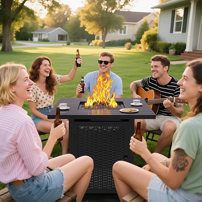 FansaFurn Black Propane Fire Pit Table, 50000 BTU Gas Fire Pits Table with Removable Lid and Lava Rock, Square Fire Table with Cover, 30'', Ideal for Dining or Party on Patio, Garden, Yard