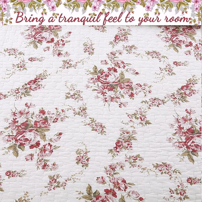 Cozy Line Home Fashions 100% Cotton Quilt Bedding Set, Pink Floral Reversible Coverlet Bedspread (Vintage Rose, King - 3 Piece)