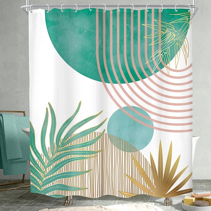 KOMLLEX Mid Century Green Pink Boho Shower Curtain 60Wx72L Inches Abstract Modern Shower Curtains for Bathroom Decor Plant Botanical Minimalist Arch Sun Fabric Liner Waterproof Polyester 12 Pack Hooks