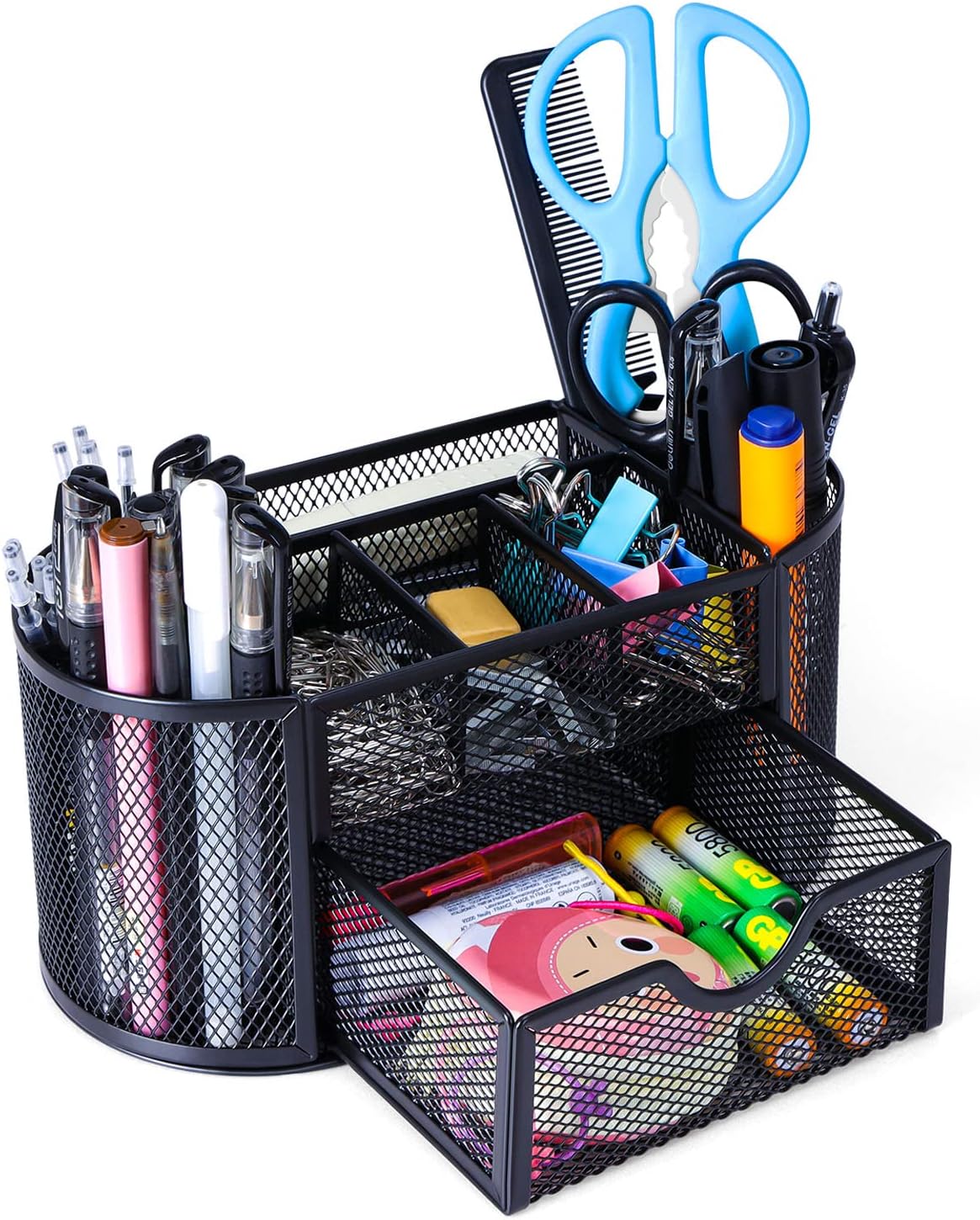 Skiennix Black Mesh Pen Holder - Cute Desk Organizer with 8 Compartments & Drawer for Office, School, Home