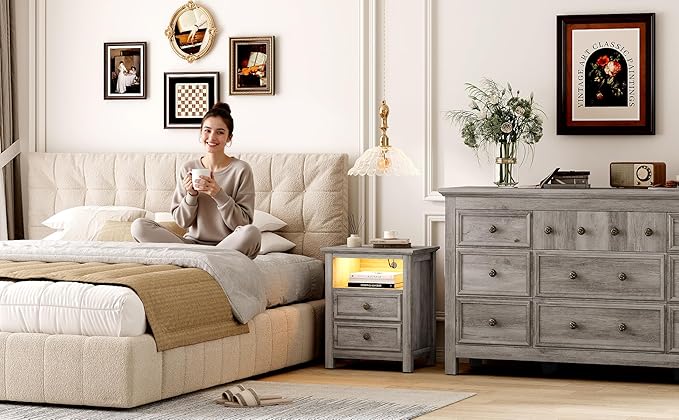 LGHM Set of 2 Nightstand with Charger Station Strip Lights, 20" W Large Night Stand with 2 Drawers, Accent Bed Side Table and End Table, Large Open Cubby, Stable Thick Wood Legs, Timeless Look,Gray