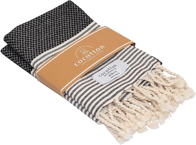 Boho Striped Turkish Hand Towels Set of 2 | 100% Cotton, 16 x 40 Inches | Decorative Bathroom Hair Face Gym Yoga Dishcloth Tea Kitchen Light Weight Quick Dry Farmhouse Towel (Black)