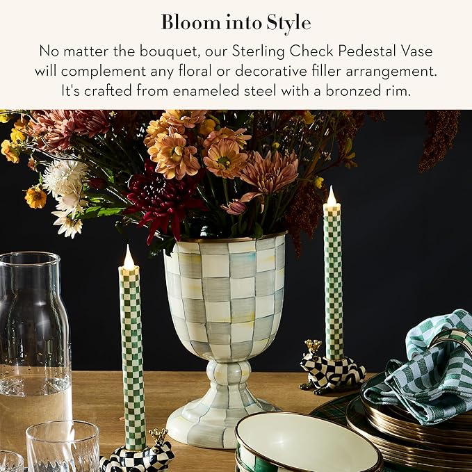 MACKENZIE-CHILDS Pedestal Vase, Decorative Centerpiece and Flower Holder, Gray-and-White Sterling Check