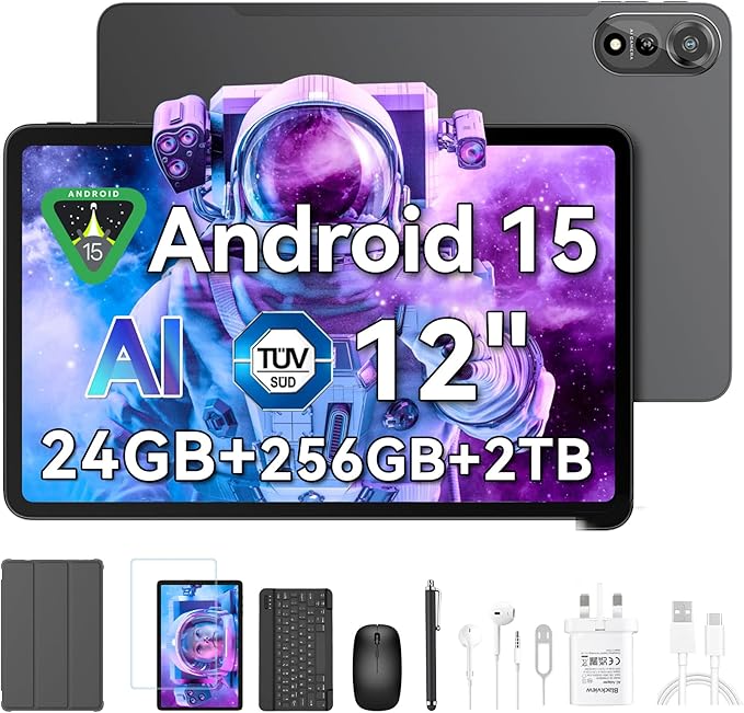 Blackview 12 Inch Tablet Android 15,Android Tablets with Keyboard Mouse Pen Case & SIM Card Slot,24GB RAM+256GB ROM(2TB),2.4K 120Hz FHD+ IPS Display, 9000mAh/33W Fast Charging,5G WiFi,GPS
