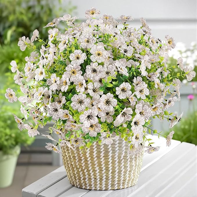 Artificial Flowers Outdoor Faux Plants UV Resistant Fake Patio Flowers Plastic Greenery Plnats Outside Bulk for Spring Garden Hanging Planter Home Vase Decor, 12 Bundles (White)