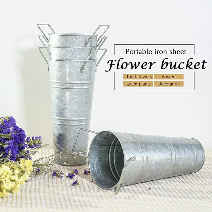Notakia Galvanized Metal Vases Farmhouse French Flower Bucket Vases for Cut Flowers for Home Decor and Wedding Table Centerpiece Decorations (9.05in Silver 4Pcs)