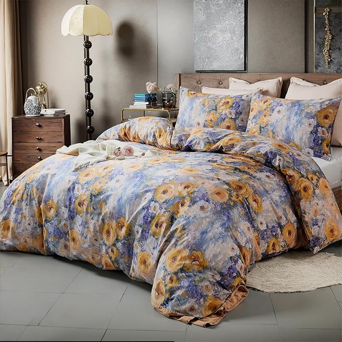 100% Cotton Duvet Cover Queen Size – Impressionist Natural Yellow & Blue Floral Duvet Cover Set with Zipper Closure, 3-Piece Soft Breathable Durable Percale Cotton Bedding Set for All Seasons