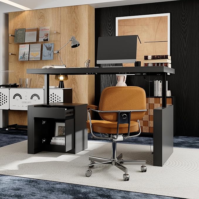 MOUMON 70.9” Electric Standing Desk with Drawer, Height Adjustable Executive Computer Desk with File Storage for Home Office, Sit Stand Desks, Black, 70.9”W x 31.5”D x 29.5”-44.1”H