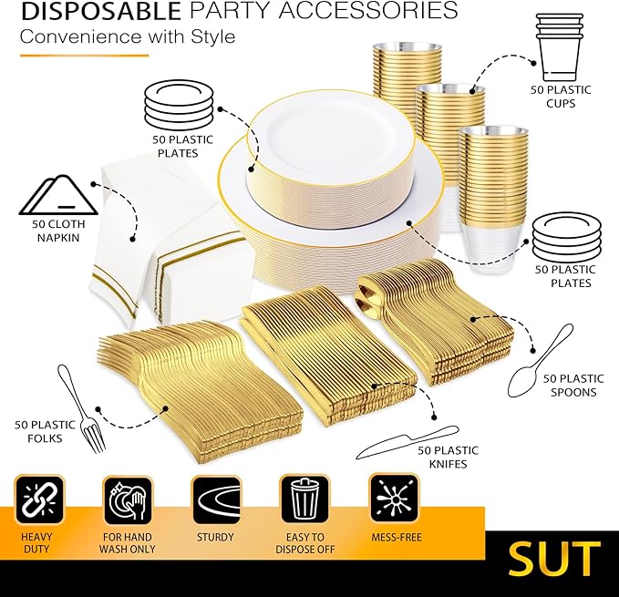 SUT 700Pcs Disposable Dinnerware Set for 100 Guests, White and Gold Plastic Plates, Party Plates and Cups and Napkins Sets, plates and Napkins Party Supplies, Gold plastic Silverware for Party Wedding