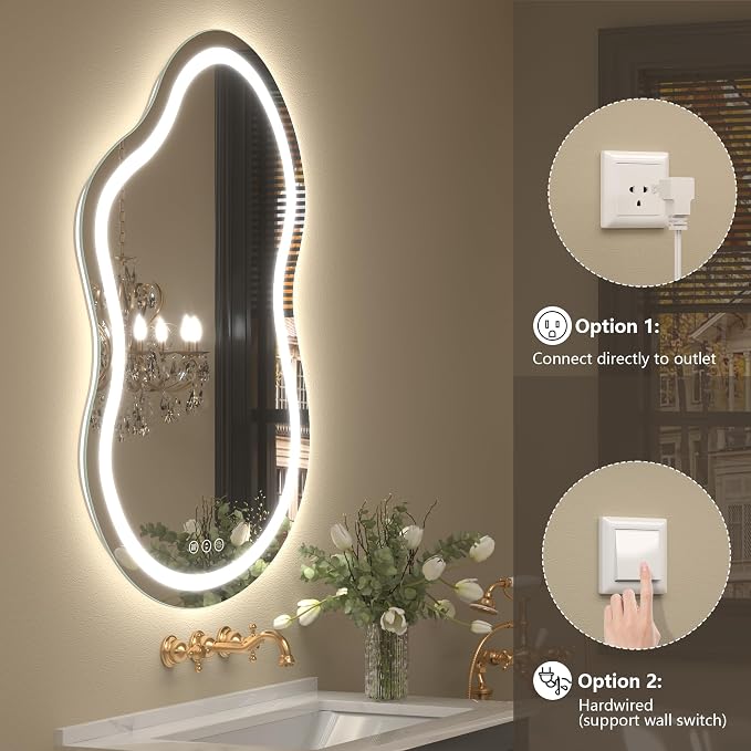 60x32 Inch Irregular Cloud LED Bathroom Mirror with Lights, Asymmetrical Lighted Vanity Mirror for Wall, Anti-Fog, Dimmable, Memory, 3 Colors (Horizontal/Vertical)