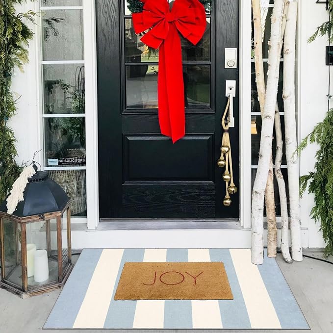 Front Door Mat Outside Entrance - 2x3 Sky Blue White Non-Slip Washable Doormat Indoor Outdoor Entrance Striped Rug Small Throw Rugs for Entryway Bedroom Kitchen Laundry Room Summer Porch Decor
