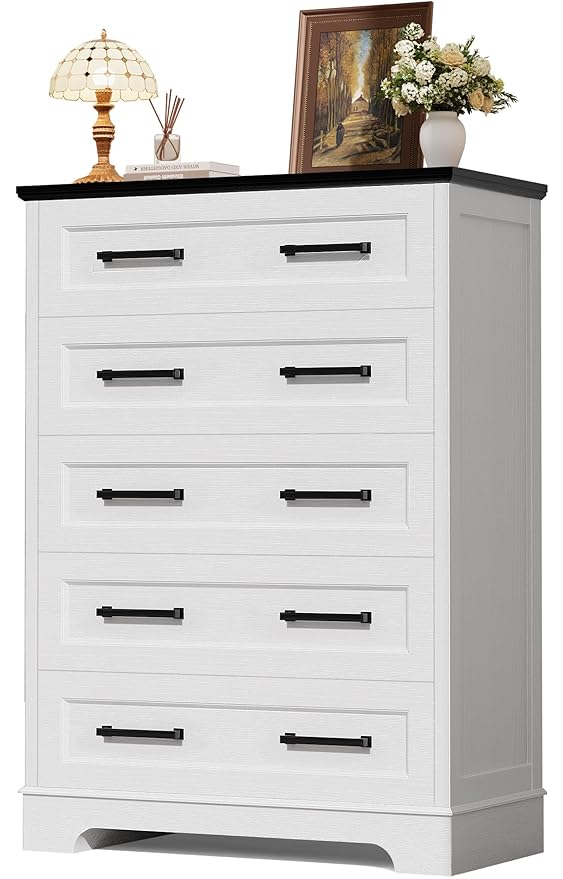 YESHOMY Tall Dresser for Bedroom, Farmhouse 5 Drawers Dresser, Chest of Drawer Chest, Multi-Tier Clothing Storage Cabinet, White and Black