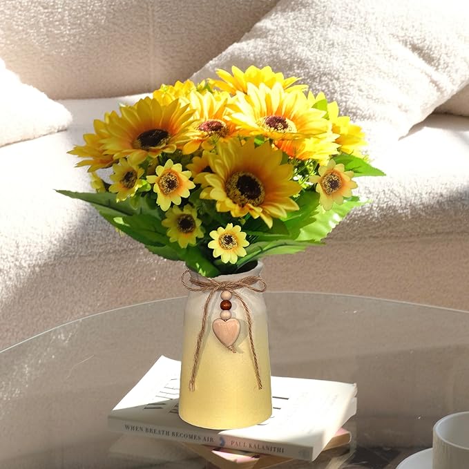 Artificial Sunflower Arrangement in Ceramic Vase – Fake Silk Sunflowers Table Centerpiece Decoration, Stylish Artificial Flowers with Vase for Home Table Dining Room