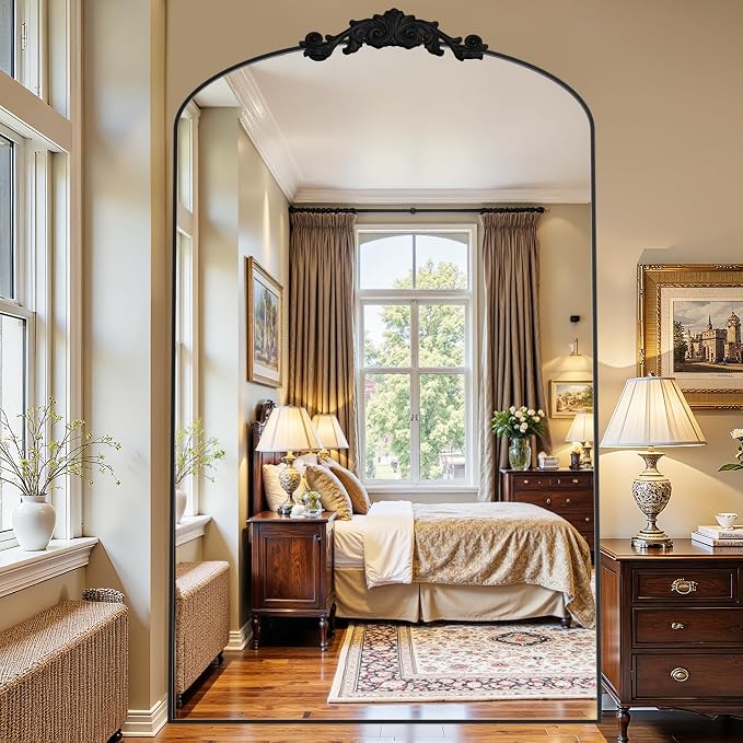 Antok Arched Full Length Mirror, 72"x44" Floor Mirror with Carved, Full Body Mirrors for HomeDecor, Standing/Halling Large Wall Mirror for Bedroom, Living Room, Cloakroom, Black, Retro Style