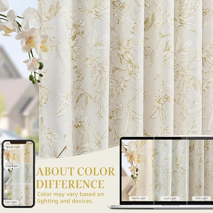 jinchan Floral Curtains 63 Inch Length Mustard Yellow Flower Linen Farmhouse Curtain for Living Room French Country Vintage Curtain Rod Pocket Curtains Set 2 Panels Floral Printed