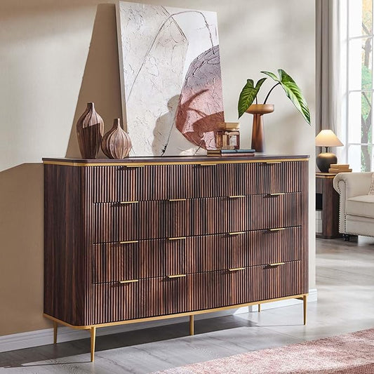 T4TREAM Fluted 9 Drawers Dresser, Modern Wooden Top Chest of Drawers with Curved Profile Design, Dresser TV Stand Drawer Organizers for Bedroom, Living Room, Hallway(Dark Walnut)