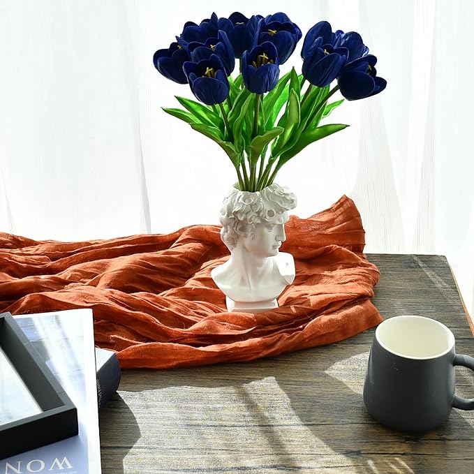 Mandy's Artificial Tulips 12 Stems Royal Blue Partially Open PU Faux Flowers for Wedding Home Decor 13.5 Inch