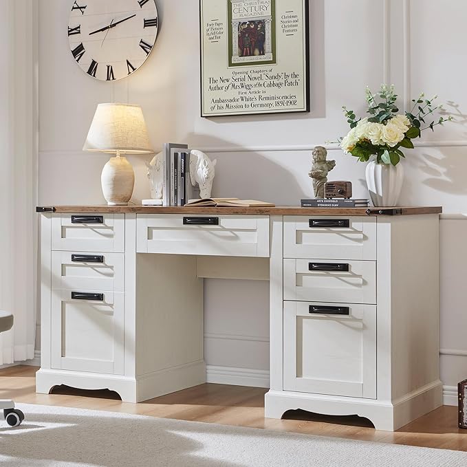 RedLemon 60" Farmhouse Executive Desk, Home Office Desk with Drawers, Charging Station, Keyboard Tray, File Drawer, Storage Cabinet, Wood Rustic Computer Writing Desk (Antique White)