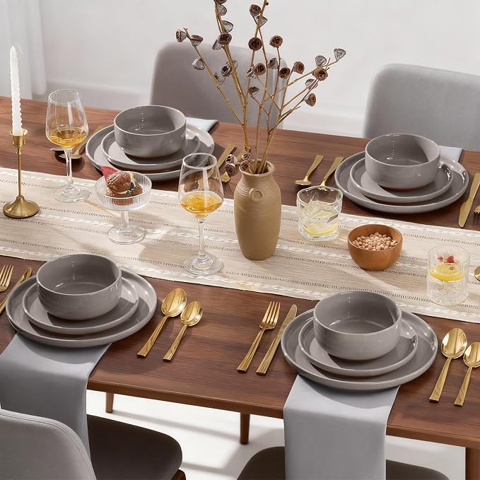 E-far 18-Piece Ceramic Dinnerware Sets, Plates and Bowls Sets for 6, Stoneware Dishware Dishes Set with Terracotta Base, Chip & Scratch Resistant, Microwave & Dishwasher Safe, Speckled Khaki