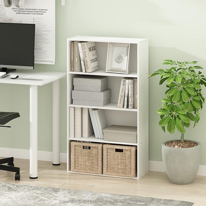 Furinno PASIR Book Shelf, 4-Tier Bookshelf, Bookcase with Open Shelf, 9.4 x 23.6 x 41.7, for Living Room, Bedroom, Home Office, White