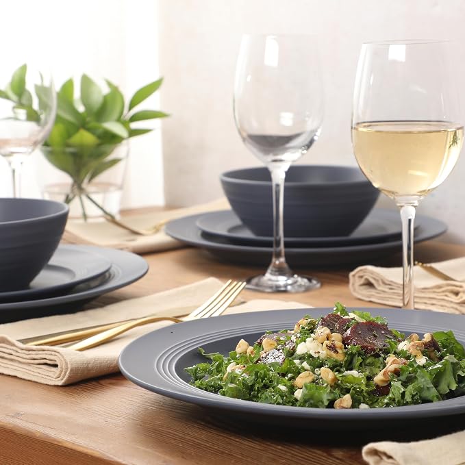 Gibson Elite Soleil 12 Piece Echo Blue Stoneware Dinnerware Set for 4, Plates and Bowls Set with Dinner Plates, Salad Plates and Bowls
