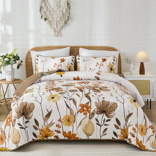 Anibedding Brown Quilt Set King Size, Floral Bedspread with 2 Pillowcases, Soft Microfiber Lightweight Coverlet Bedding Set for All Season(104"x90")