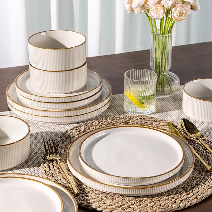 GBHOME 24-Piece Stoneware Dinnerware Set for 8 – Ribbed Ceramic Plates and Bowls, Scratch-Resistant, Microwave & Dishwasher Safe, Reactive Glaze, White with Honey-Brown Edge