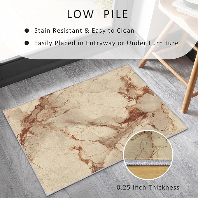 Beige Marble Abstract Area Rug, Vintage Stone Pattern Carpet, Washable Non Slip Low Pile Soft Thin, Living Room Bedroom Home Decor Mat 3x4ft(Small)
