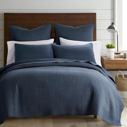 Levtex Home Cross Stitch Reversible King/Cal King Quilt Set (106x92in) and 2 Pillow Shams (36x20in) - Stitch Texture - Navy - Cotton King Size Quilt Bedding Set - Lightweight Soft Pre-Washed