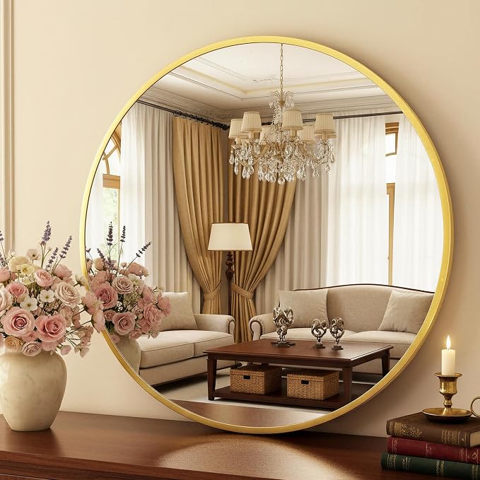 Antok 20 Inch Round Mirror for Wall, Round Bathroom Mirror, Circle Wall Mirrors with Gold Metal Frame, Circle Mirrors Suitable for Wall, Bathroom, Vanity, Living Room, Entryway
