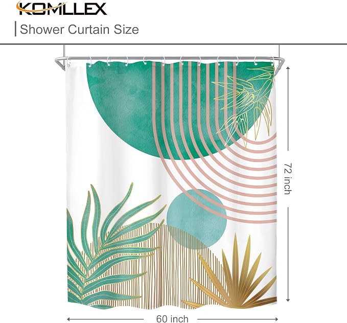 KOMLLEX Mid Century Green Pink Boho Shower Curtain 60Wx72L Inches Abstract Modern Shower Curtains for Bathroom Decor Plant Botanical Minimalist Arch Sun Fabric Liner Waterproof Polyester 12 Pack Hooks