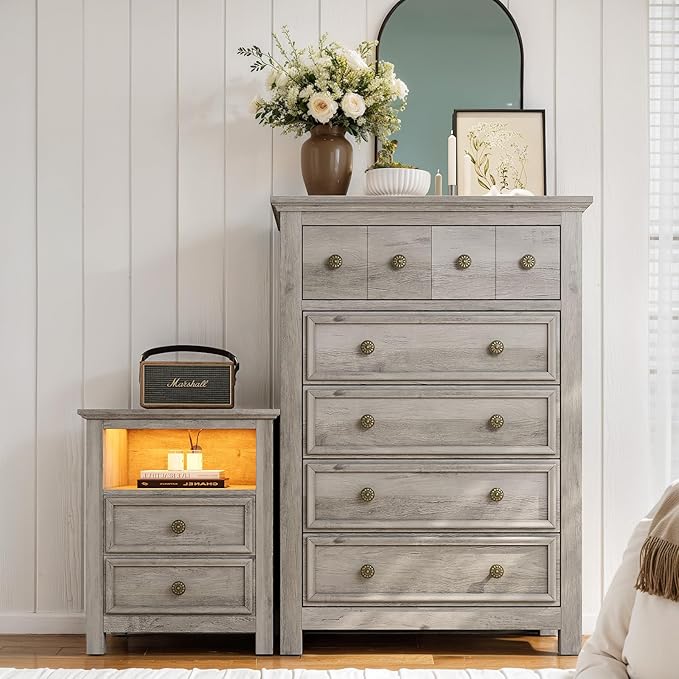 LGHM Set of 2 Nightstand with Charger Station Strip Lights, 20" W Large Night Stand with 2 Drawers, Accent Bed Side Table and End Table, Large Open Cubby, Stable Thick Wood Legs, Timeless Look,Gray