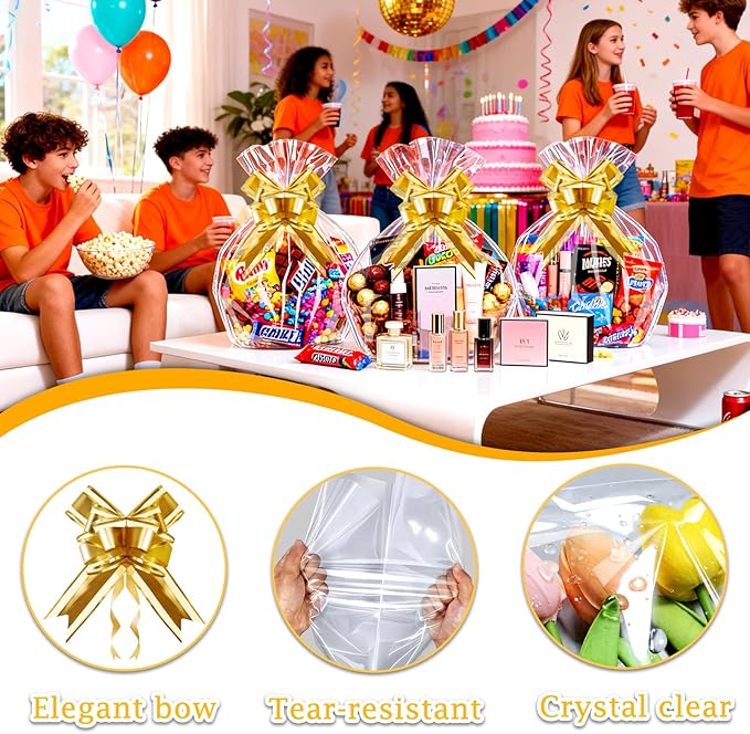 PigPotParty 24"x30" Clear Cellophane Gift Bags - Includes Bows – 10 Pack Large Cellophane Wrap for Gift Baskets, Plastic Gifts Bags for Gift Giving