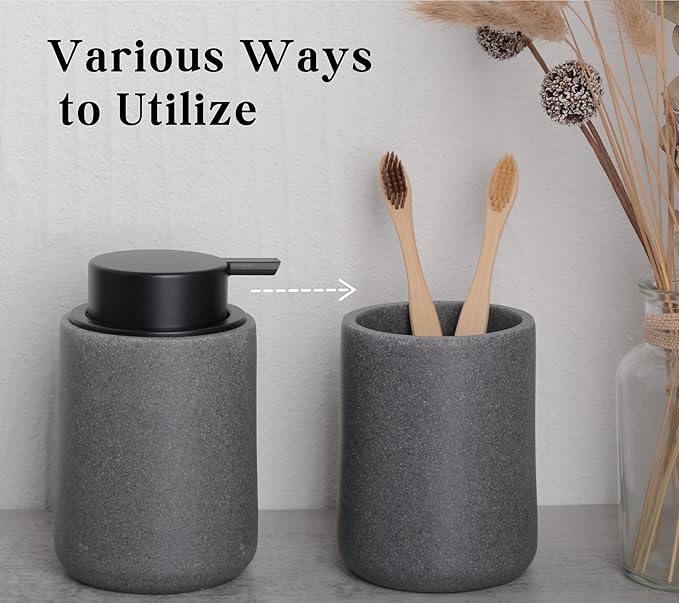 Clasin Home Resin Hand Soap Dispenser with Easy-to-Press Pump, Refillable Liquid Soap Dispenser with Sandstone Like Finish, Waterproof Bottle Labels for Bathroom Kitchen Dish Lotion (Gray, 10 oz)