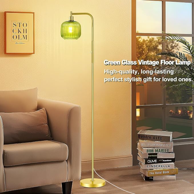 Dimmable Gold Floor Lamp with Ribbed Shade, Vintage Green Standing Lamp dimmable with Solid Base, Arc Floor Lamps Glass for Living Room, Bedroom, Office, Decorative Tall Corner Lamps Gift Use