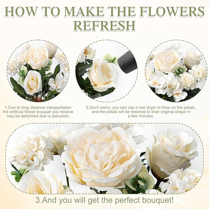 2 Bundles White Peonies Artificial Flowers Silk Flower Centerpieces for Tables Fake Flower Arrangements Bouquets Mixed Roses Hydrangea with Stems for Wedding Bridal Bouquets Home Table Decor